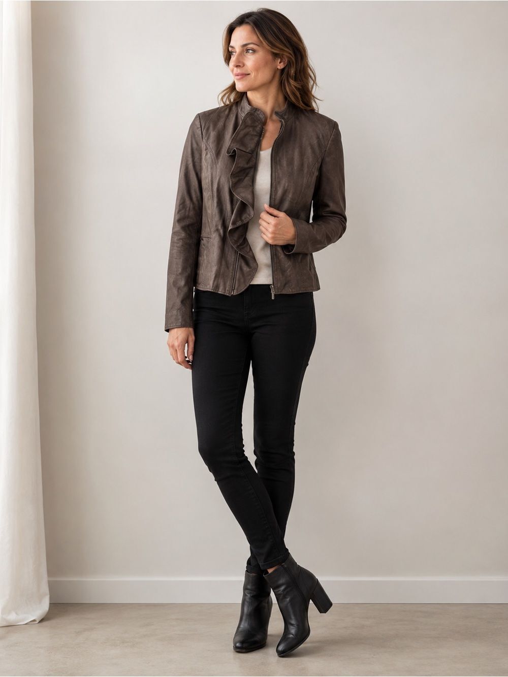Boston Proper 100% Leather Asymmetrical Ruffle Zip Jacket Size 6